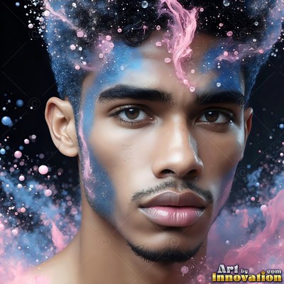 Looking forward, a man has pink and blue powder dusted on his face and hair