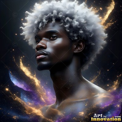 Shirtless man with smoky hair and gold powder around his neck