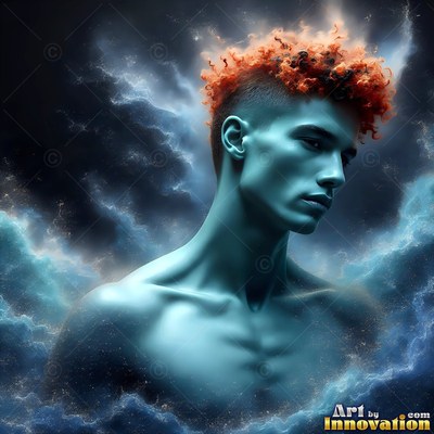 Curly orange hair tops a shirtless blue-skinned man surrounded by dark blue clouds