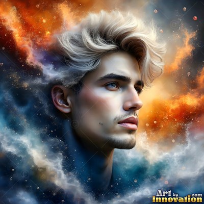 A man looks to the side surrounded by thick swirls of bright orange and deep blue smoke