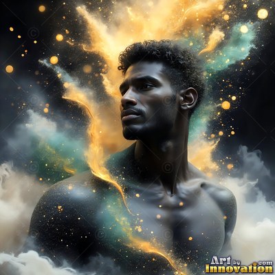 Turned in profile in the dark, a shirtless man rests in gold and blue smoke clouds