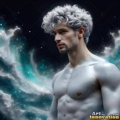 A shirtless man with silver hair looks aside against swirls of teal clouds