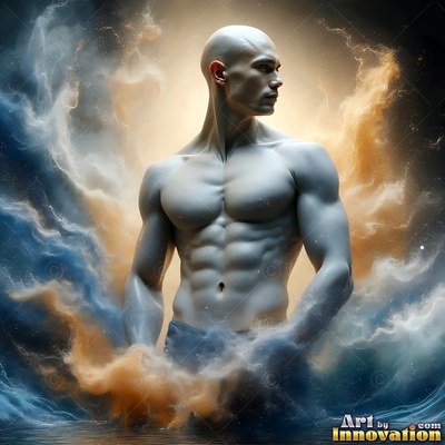 In clouds of blue and tan smoke, a muscular, bald man looks to the side