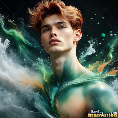 Looking upward, a shirtless man has green and gold powder swirling around his chest