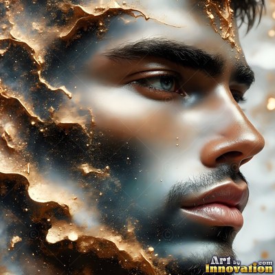 Close-up of a man's face covered in blue and gold dust