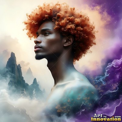 Copper curly hair tops a shirtless man beside rocky peaks in purple and white smoke