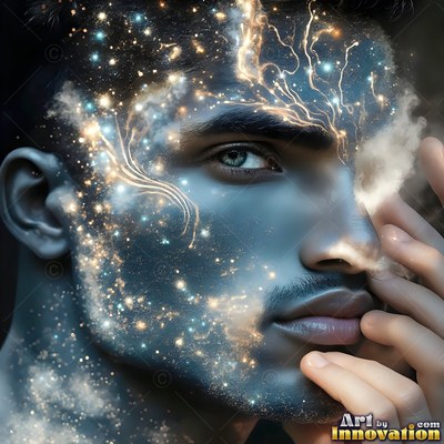 A man raises his hand to his face as bright yellow sparks and white smoke drift across his blue skin