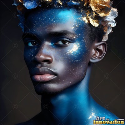 Facing forward in dark space, a man wears blue paint and gold dust on his skin