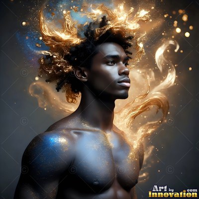 A shirtless Black man stands in profile with swirls of gold powder in his hair