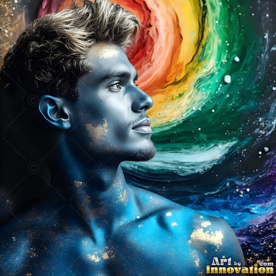 Against swirling colored smoke, a shirtless man covered in blue paint turns his head