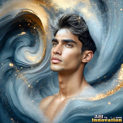 Looking aside, a shirtless man is framed by swirling blue smoke and gold dust
