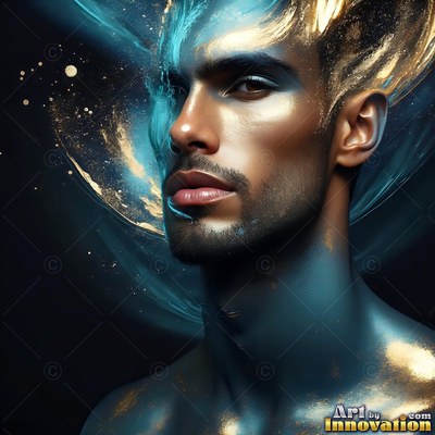 A shirtless man dusted with blue and gold powder
