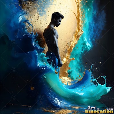 A shirtless man in profile stands surrounded by waves of blue powder and gold smoke