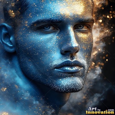 A blue-skinned man stares ahead as gold powder sparkles across his face and neck
