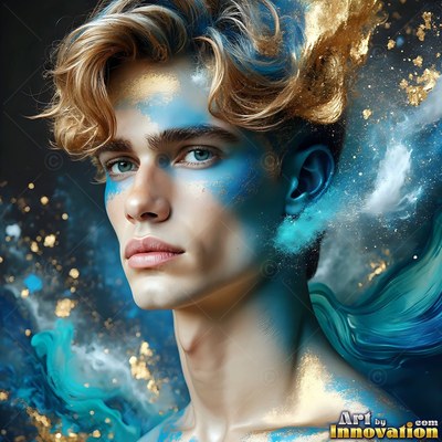 Turned sideways in a dark space, a man wears blue and gold powder on his skin