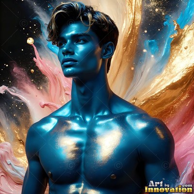 A shirtless man with blue skin stands in swirls of pink and gold powder