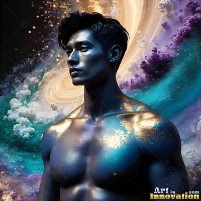 In swirling purple and teal smoke, a shirtless man has gold dust on his chest