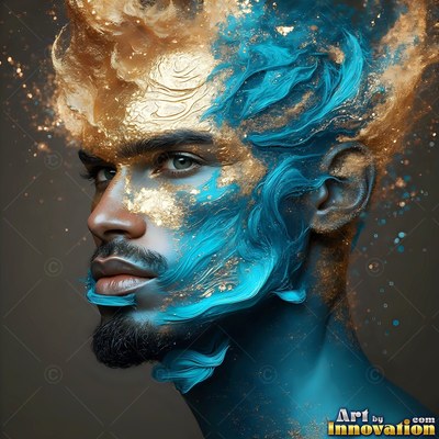 Looking to the side, a bearded man wears swirling blue and gold powder on his skin