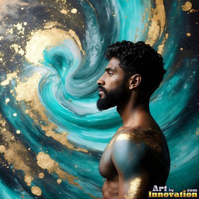 Shirtless man in profile against swirling teal and gold powder