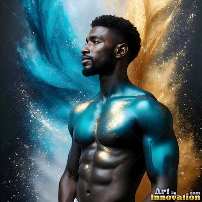 Gold dust covers the chest of a muscular man between blue and gold powder clouds