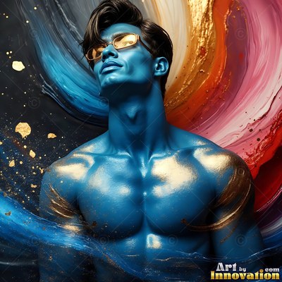 A blue-painted man in sunglasses looks up as swirls of red and gold powder sweep by
