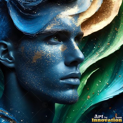 Turned in profile in the dark, a man is covered in blue paint and gold specks