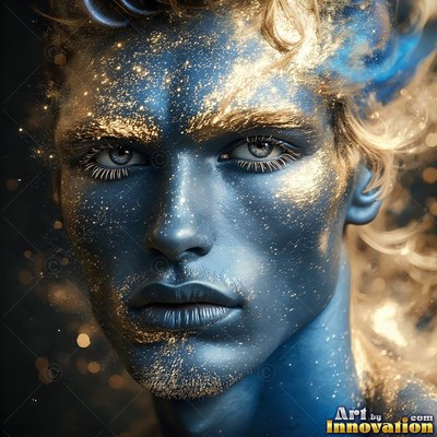 A man with blue skin and wavy hair looks ahead dusted in gold powder