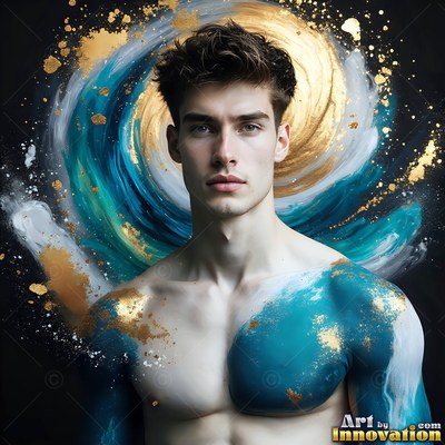 Against a dark background, a shirtless man is painted with blue and gold swirls
