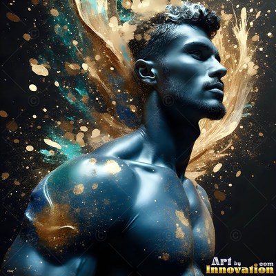 Blue shirtless man speckled with gold powder dust