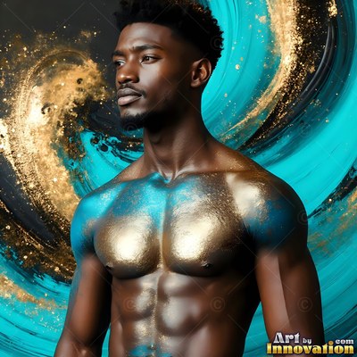 Gold powder dusted across his chest, a shirtless Black man stands before swirling turquoise smoke