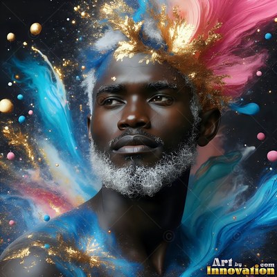 A bearded man looks up as swirls of blue and pink smoke wrap around him