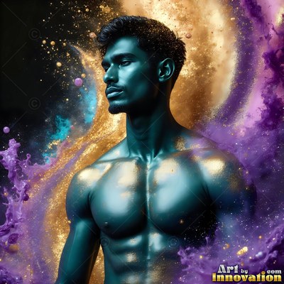 Turned sideways in the dark, a shirtless man stands in swirls of gold and purple powder