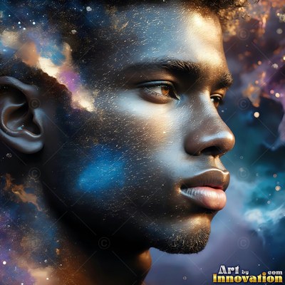 A close-up of a young man with blue and gold dust across his face