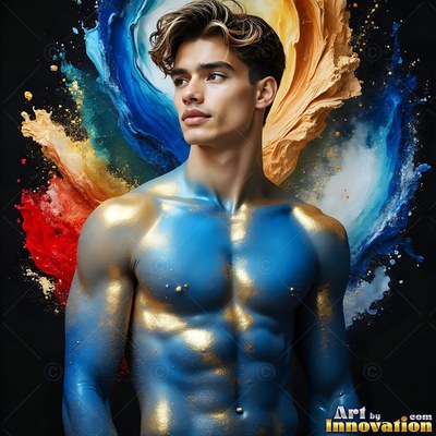 Against a dark background, a shirtless man is covered in blue and gold powder