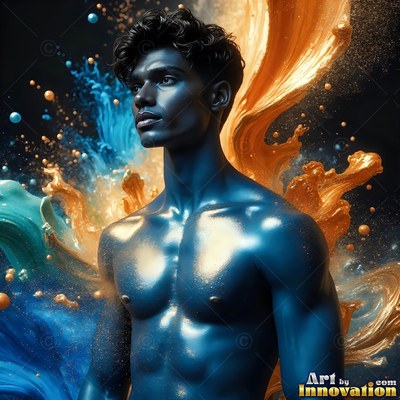 Looking sideways, a shirtless blue man stands by splashes of gold powder