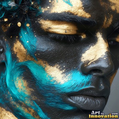 Face of a man covered in black, gold, and blue paint