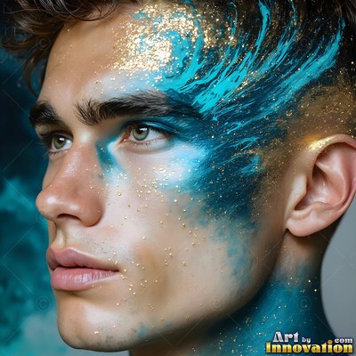 Gold glitter and blue paint brush across a young man's face against a dark backdrop