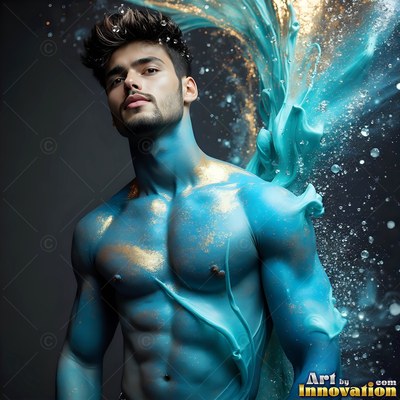 A shirtless man standing as blue paint and gold dust sweep over his bare chest