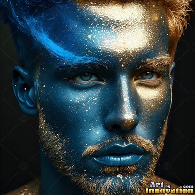 Facing forward in the dark, a man wears blue paint dusted with gold specks