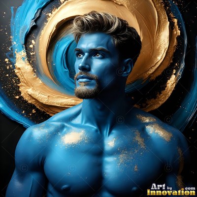 A shirtless man painted entirely blue with specks of gold powder across his chest