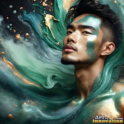 Against a black background, a shirtless man is surrounded by swirling turquoise and gold powder