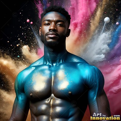 Facing forward, a shirtless man covered in blue paint stands before bursts of colored powder