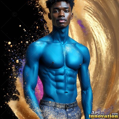 Shirtless man covered in blue paint and gold dust