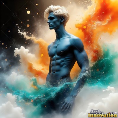 A blue-skinned bare-chested man stands in profile surrounded by orange and teal smoke clouds