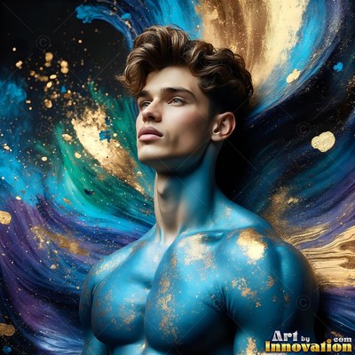 A blue-painted man is shown in profile from the chest up against blue and gold swirls