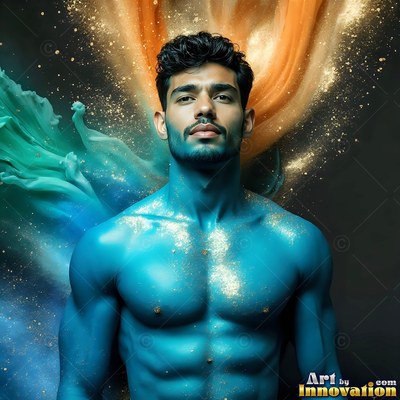 A shirtless man covered in blue paint and gold glitter poses in dark air