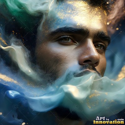 In swirling blue smoke, a dark-haired man has gold dust on his face and forehead