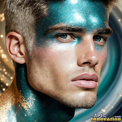 Looking ahead, a man wears shiny teal powder and gold specks on his face and neck