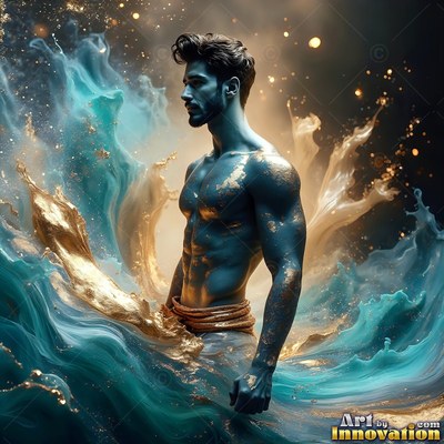 A blue-skinned bare-chested man stands in swirls of turquoise and gold dust