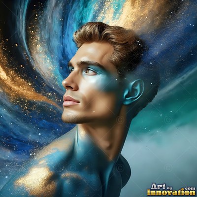 Blue paint across his cheek, a shirtless man looks up into swirling blue and gold dust